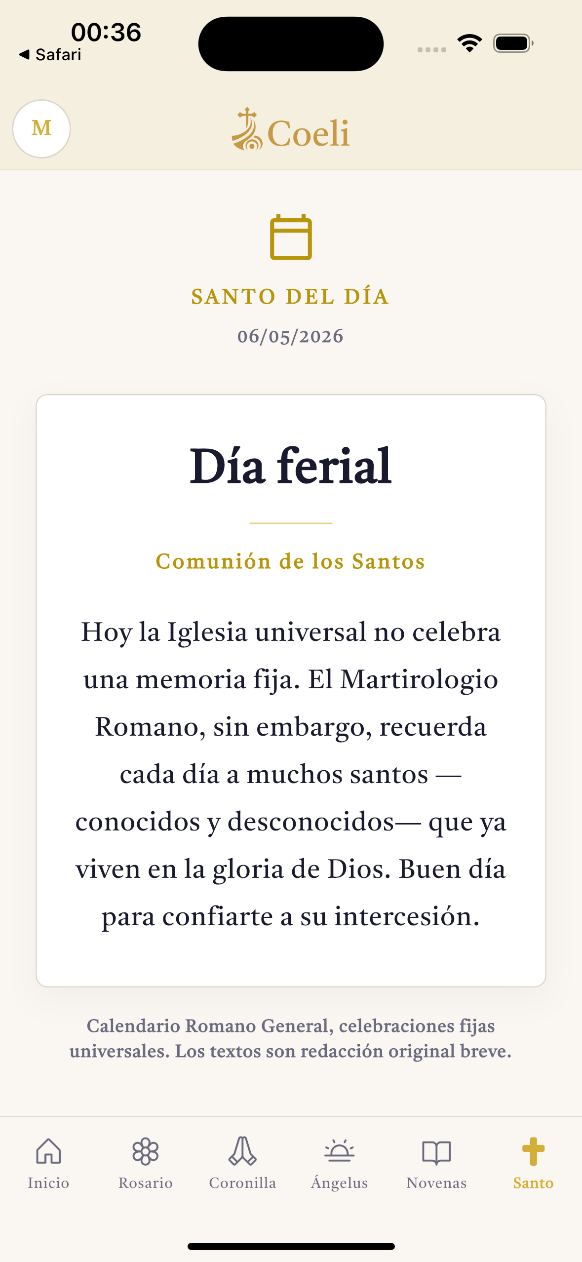 Pantalla del santo del día en Coeli.